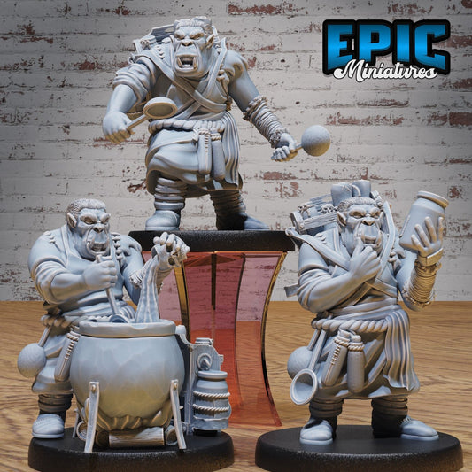 Trio of Gray Orc Alchemists in different poses – stirring a cauldron, ready to attack with a ladle, and inspecting an alchemical bottle.