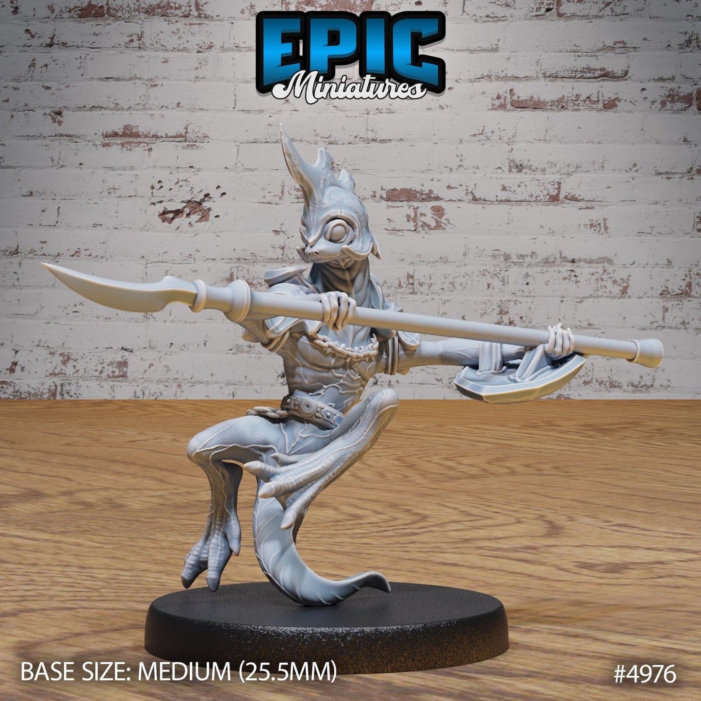 Fire Newt warrior in attack stance, lunging forward with a large axe. The amphibious fighter showcases an offensive posture, ideal for battles in swamps or jungles in games like Dungeons & Dragons.