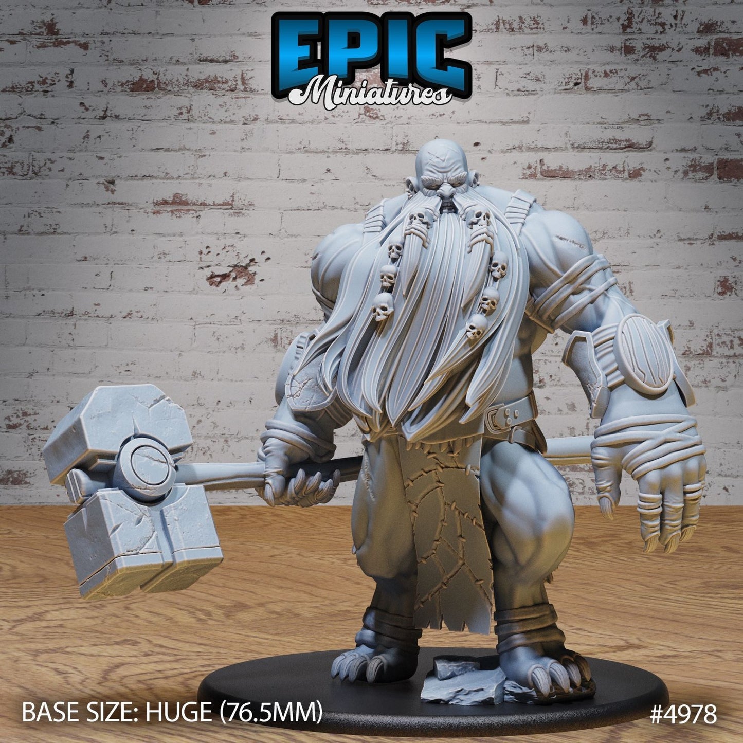 A massive Hill Giant standing with a giant hammer, showcasing a formidable pose. This barbaric creature is ready for battle, ideal for D&D or Pathfinder settings.