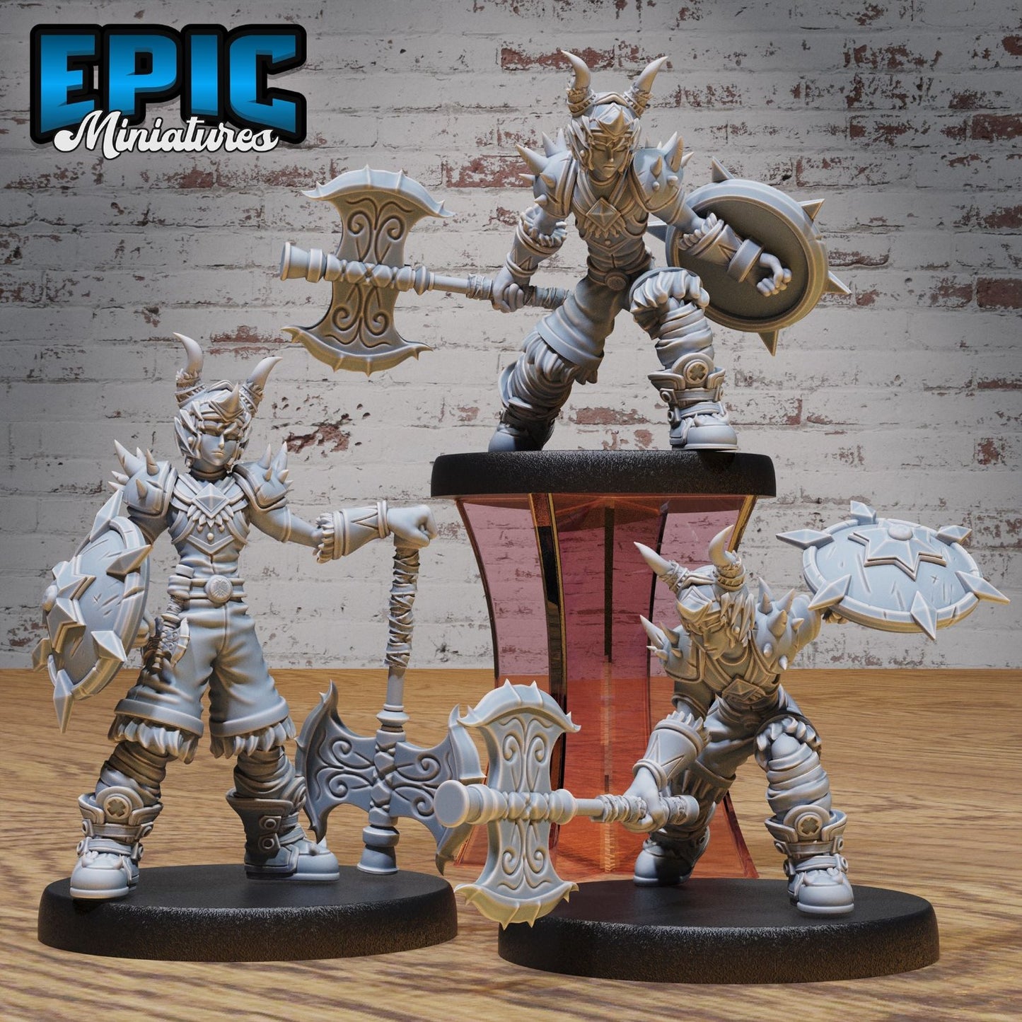 Group of Young Barbarian miniatures in different battle stances: defensive, attacking, and raging. Each figure is armored with spikes and horns, showcasing the strength and aggression ideal for fantasy TTRPGs like Dungeons & Dragons and Pathfinder.