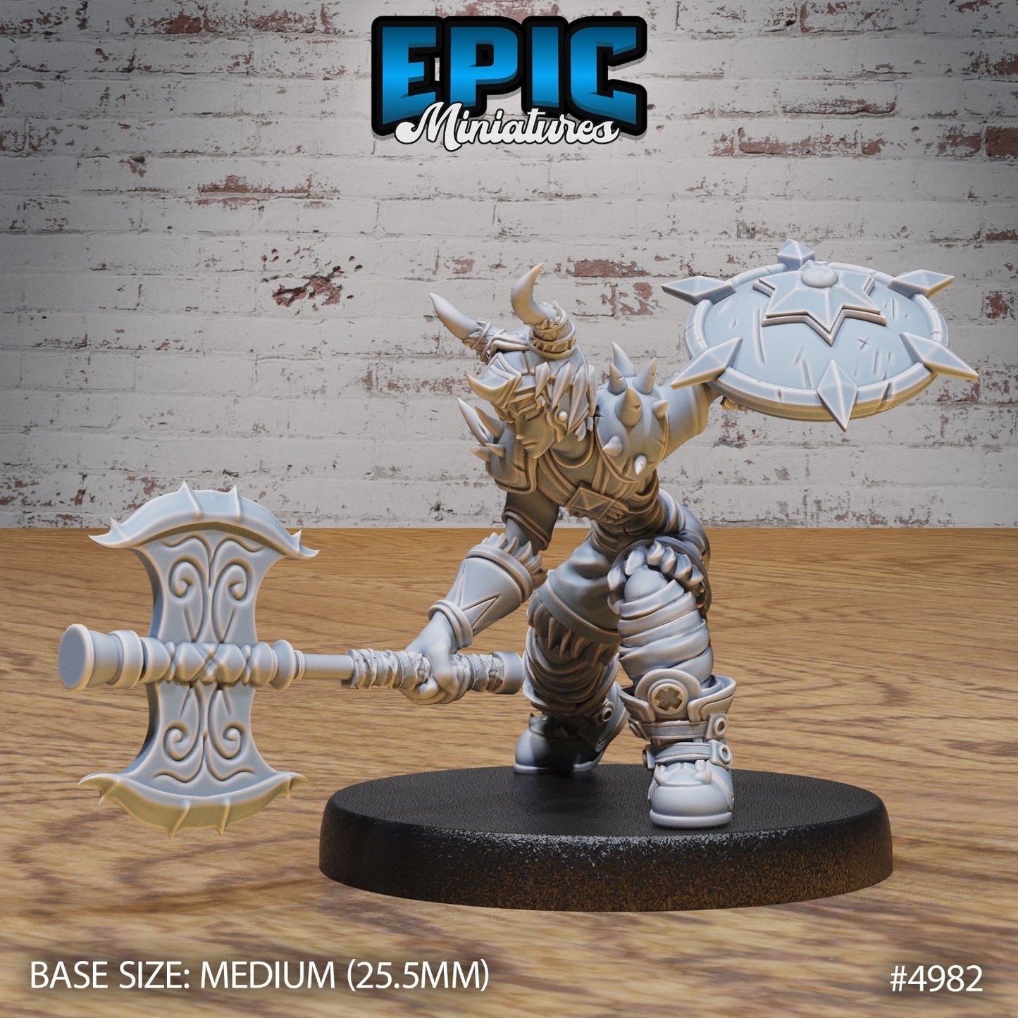 Young Barbarian in a powerful rage stance, raising a massive axe overhead, ready to strike with immense force. Clad in spiked armor, this figure embodies intense battle energy suitable for Pathfinder and D&D.