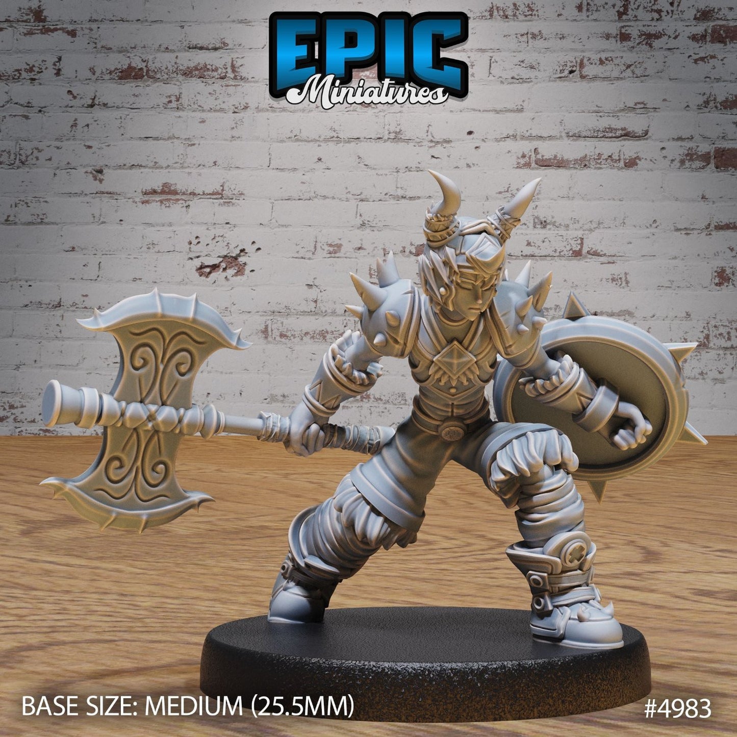 Young Barbarian charging forward, battle axe poised for an attack, shield raised defensively. Rugged armor with horns and spikes highlights this fierce character’s readiness for combat in fantasy TTRPGs.