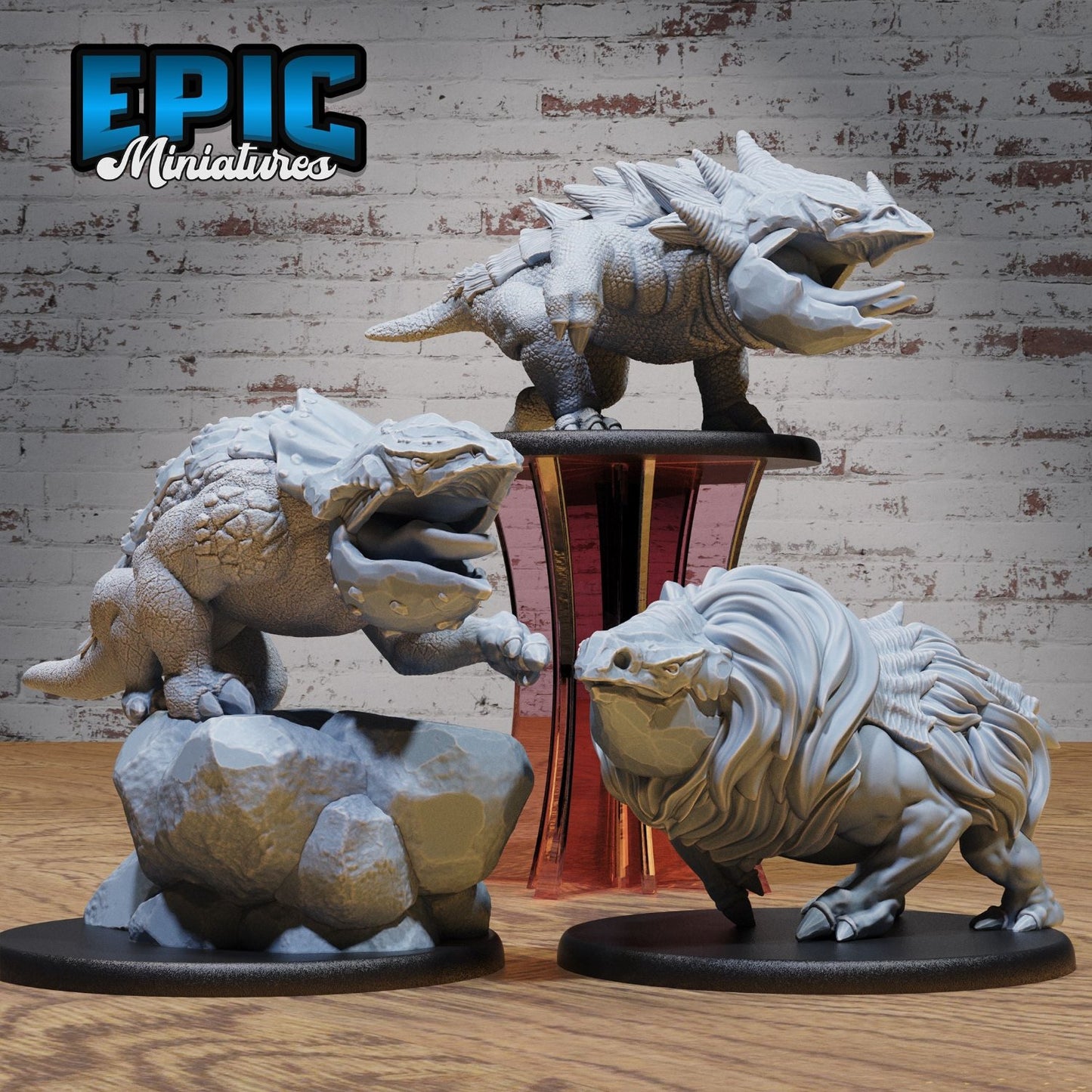 Group shot of Cave, Mountain, and Arctic Bulettes, each displaying unique textures and stances, designed for fantasy TTRPGs like Dungeons & Dragons and Pathfinder to enrich game settings with powerful beast encounters.