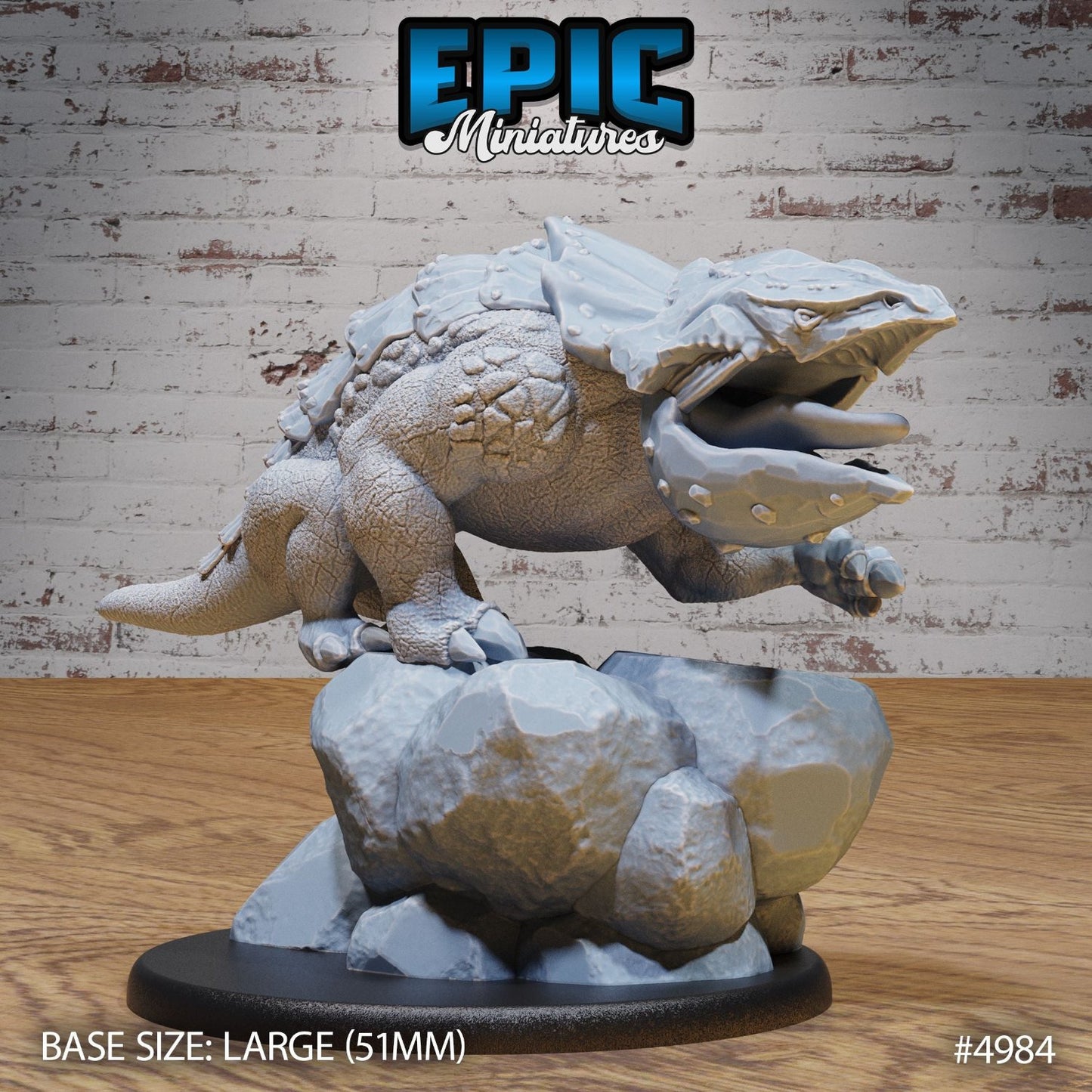 Mountain Bulette poised atop a stone base, displaying its thick scales and muscular form, ideal for intense fantasy TTRPG encounters.