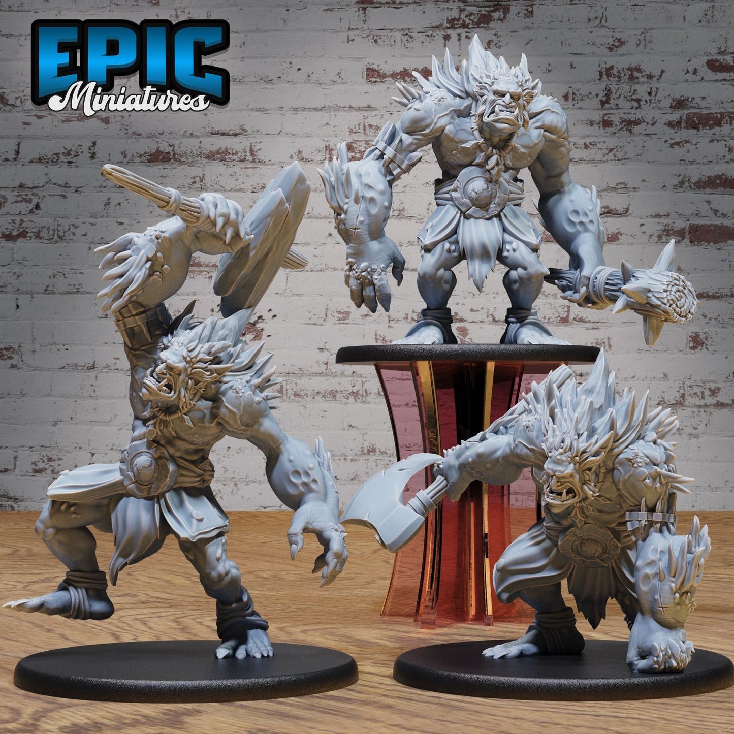 Group photo of three Savage Troll miniatures in various stances—kneeling, attacking, and standing—each covered in spikes and holding deadly weapons, ready for intense TTRPG settings like Dungeons & Dragons or Pathfinder.