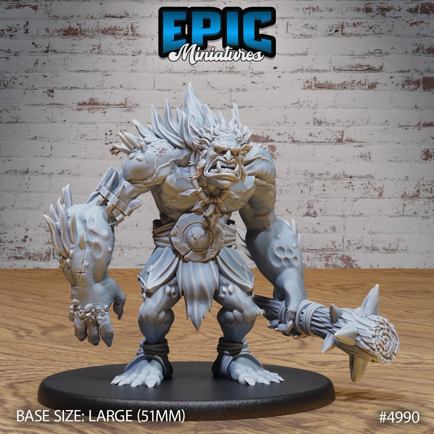 Savage Troll miniature standing in a menacing pose, gripping a spiked weapon, with a rugged and fearsome appearance. Suitable for fierce fantasy battles in TTRPGs like Warhammer Fantasy.