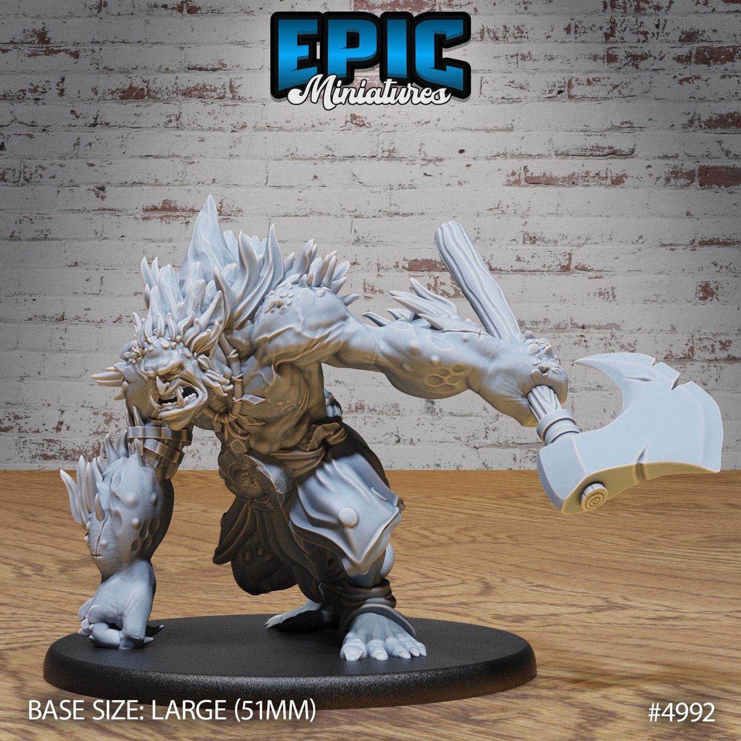 Savage Troll miniature in a kneeling stance, muscles tense and ready to attack, adorned with spikes and wielding a large spiked weapon. Ideal for dark fantasy TTRPGs like Pathfinder.