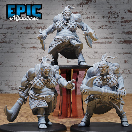 A trio of fierce orog females, each in a distinct battle-ready pose, holding weapons like axes and clubs, perfect for dark fantasy adventures.