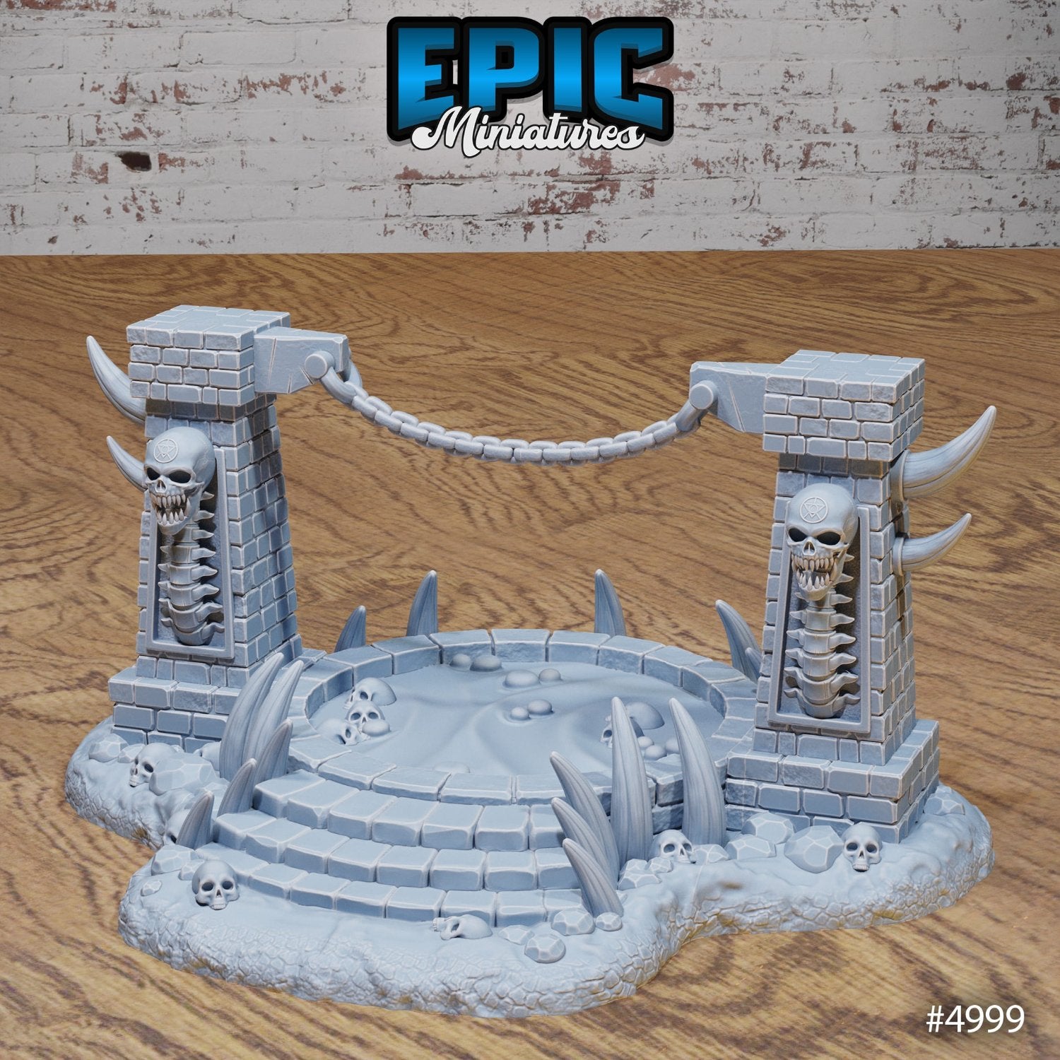 Lava Pit miniature with skull-decorated pillars, a chain railing, and spikes surrounding a bubbling pool, designed for dark fantasy settings in tabletop RPGs like Dungeons & Dragons and Pathfinder.