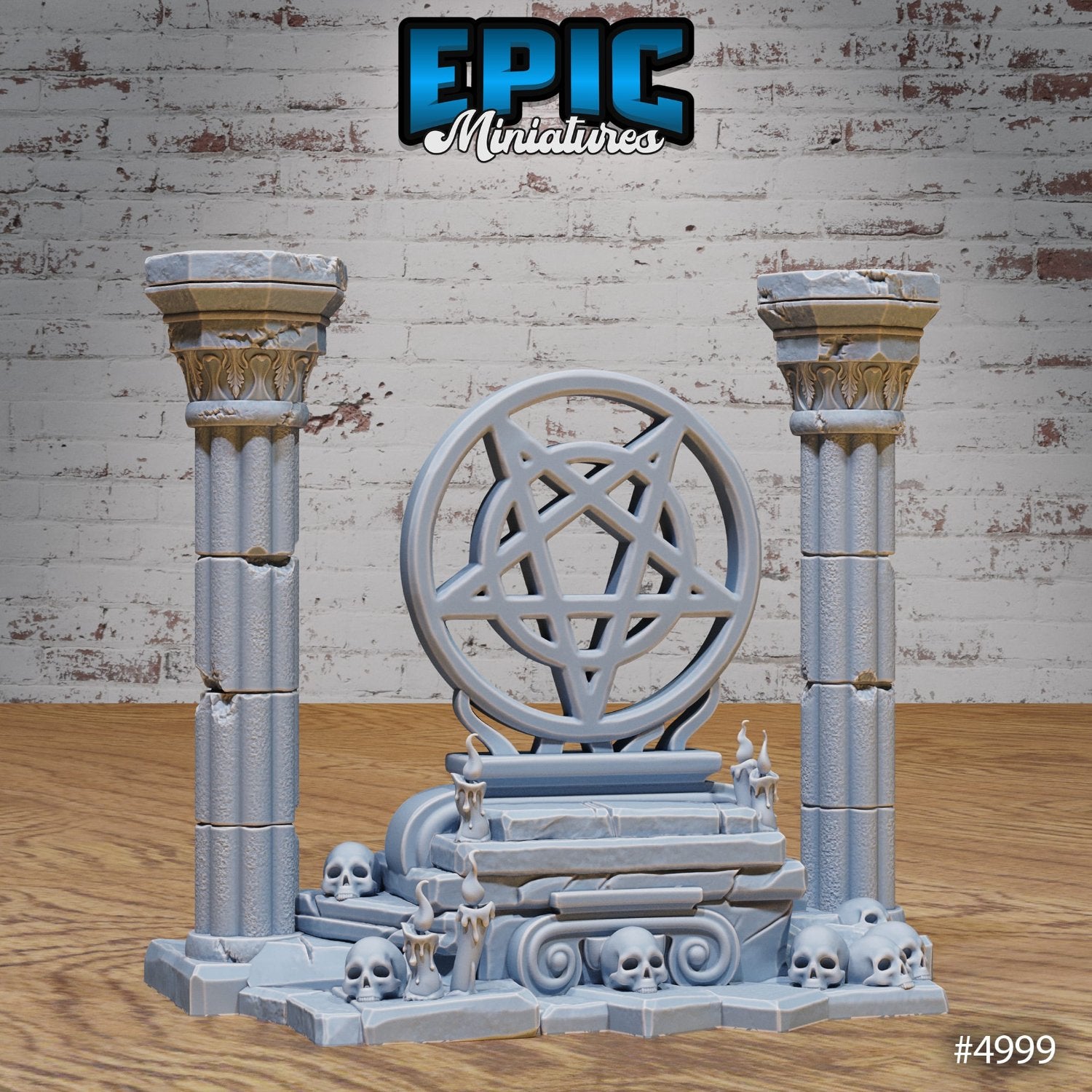 Dark Pentagram terrain piece featuring columns, skulls, and a pentagram symbol, ready to unnerve players in dark fantasy RPGs.