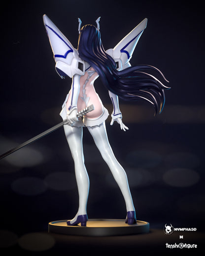 Rear View: Rear angle of Satsuki figure showing flowing hair, back armor detail, and sword held behind her.
