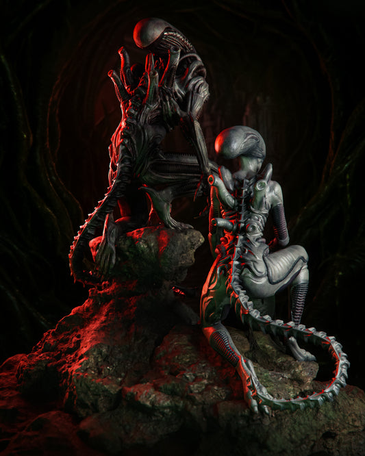 Xenomorph Aliens 1:6 scale resin print showing two figures on rocky base with egg sculpt, tails wrapped around terrain, and detailed biomechanical texture.