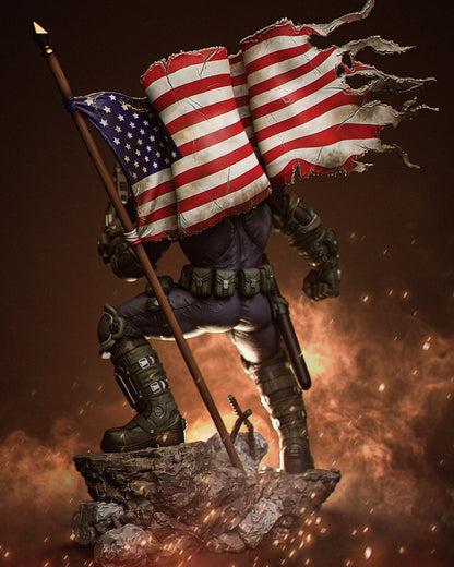 Back view of Judge Dredd statue showing the tattered American flags, holstered weapons, and tactical belt over muscular suit.