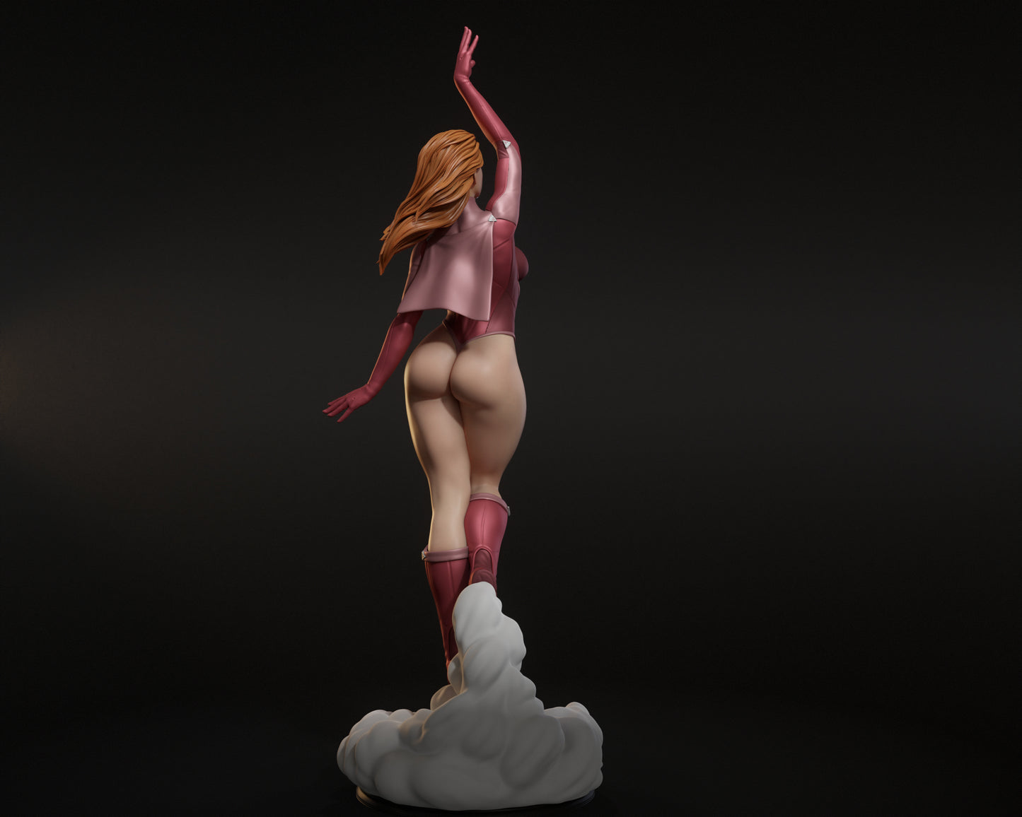 Rear view – Atom Eve Skybound Comics collectible figure, back angle showing cape, flowing hair, and cloud base.
