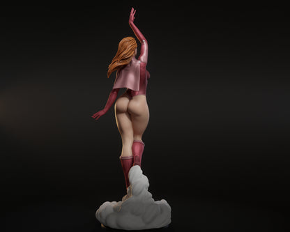Rear view – Atom Eve Skybound Comics collectible figure, back angle showing cape, flowing hair, and cloud base.