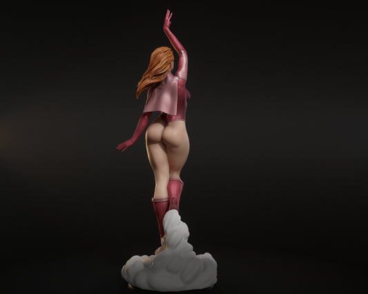 Rear view – Atom Eve Skybound Comics collectible figure, back angle showing cape, flowing hair, and cloud base.