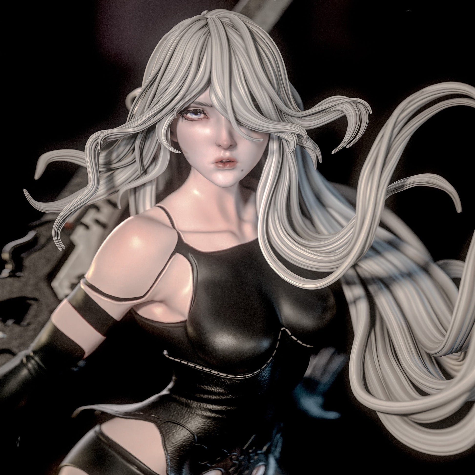 A2 Nier Automata close-up portrait with long flowing hair, android face details, black armor outfit, 1:6 scale collectible statue