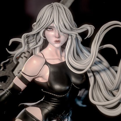 A2 Nier Automata close-up portrait with long flowing hair, android face details, black armor outfit, 1:6 scale collectible statue