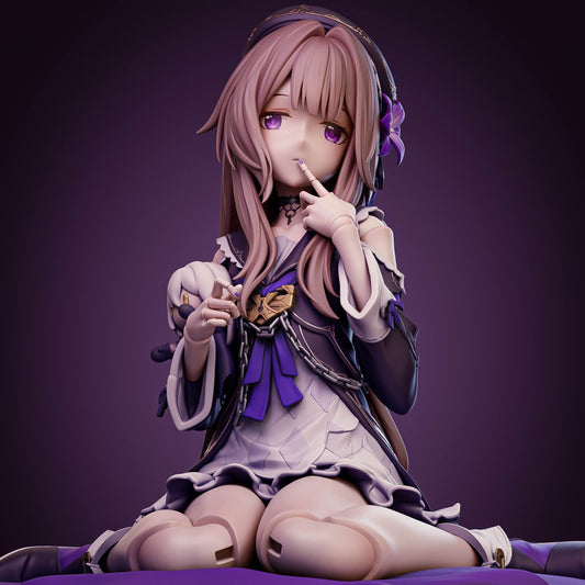 The Herta Honkai Star Rail figure painted full body seated pose on cushion with detailed dress and long hair, anime collectible 1:7 scale