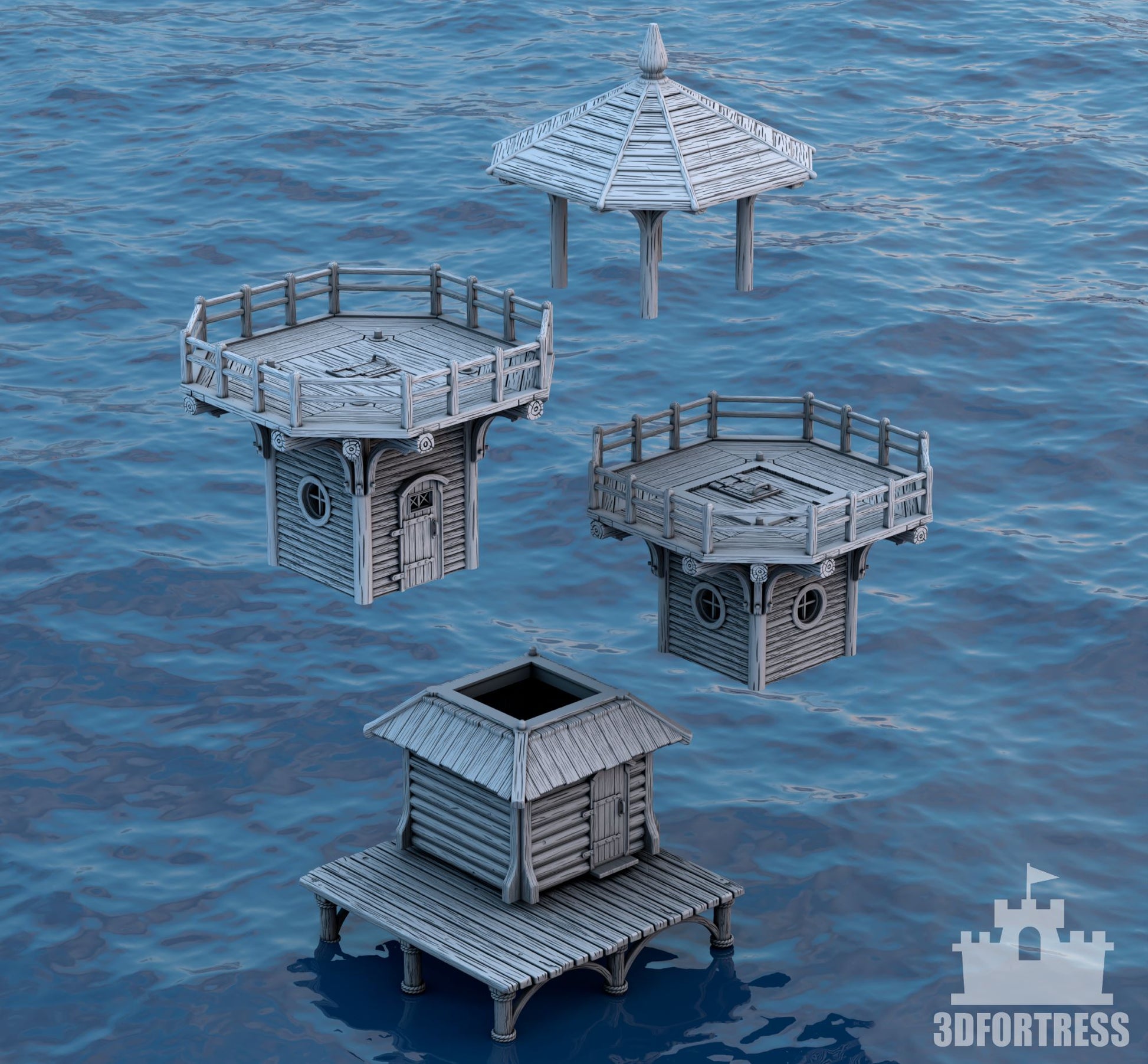 Modular components of a wooden lighthouse with separate levels, roofs, and balconies displayed over a blue ocean backdrop, highlighting the customization options for tabletop settings.