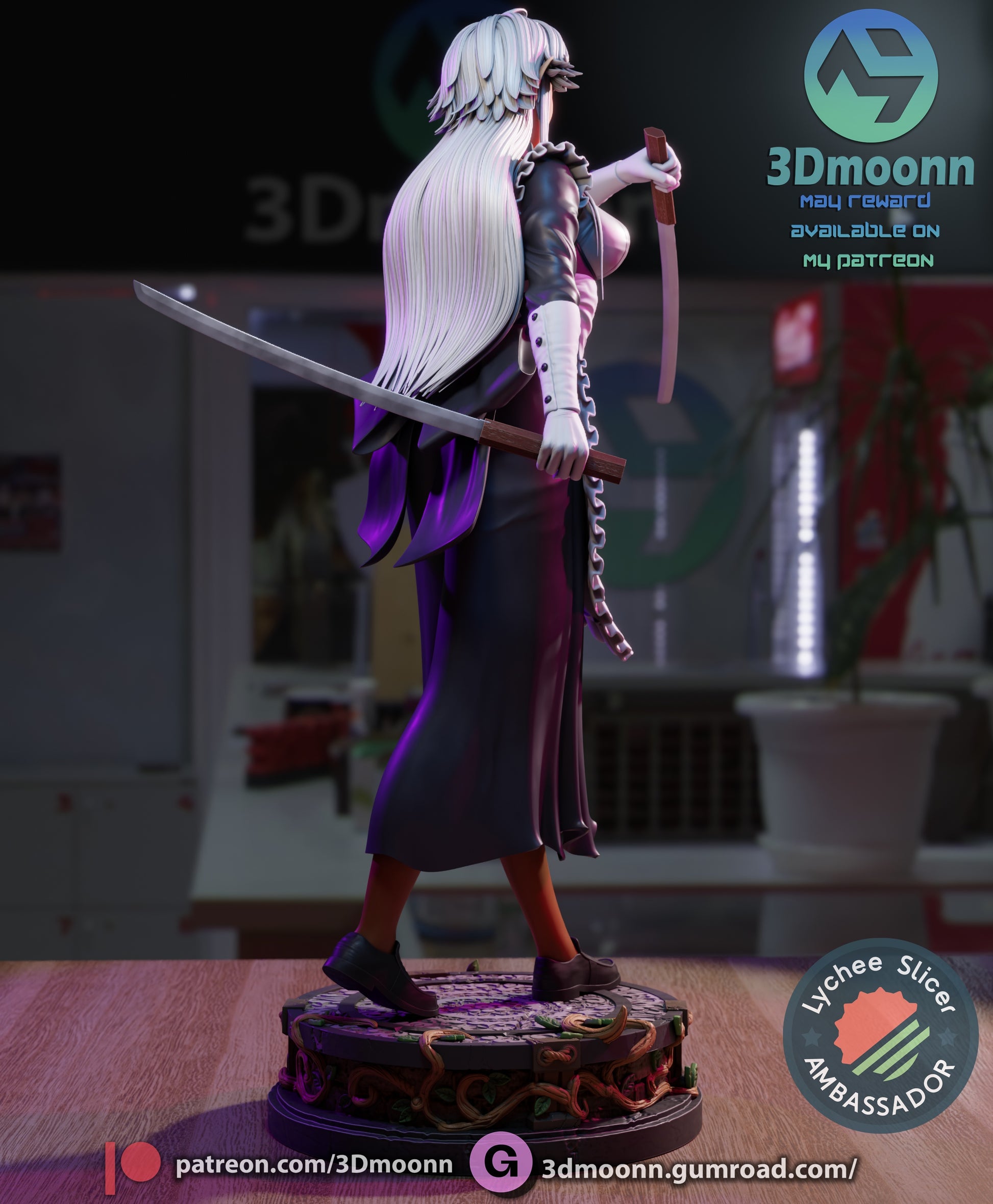 Reanette Elfelt figure side view in maid attire, showing long flowing hair, holding katana, detailed ornate base.