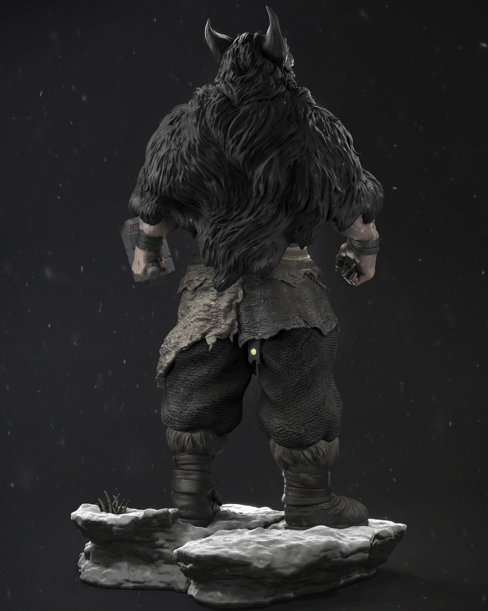 Rear view of Barbarian Thor, highlighting the flowing wolf pelt cloak and rugged, detailed attire with Norse designs.