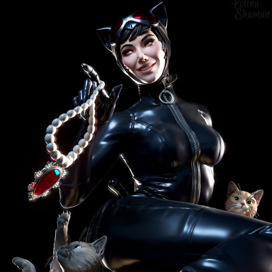 Rendered close-up of Catwoman smiling while holding a pearl necklace, showing one cat reaching for it and another cat peeking out.