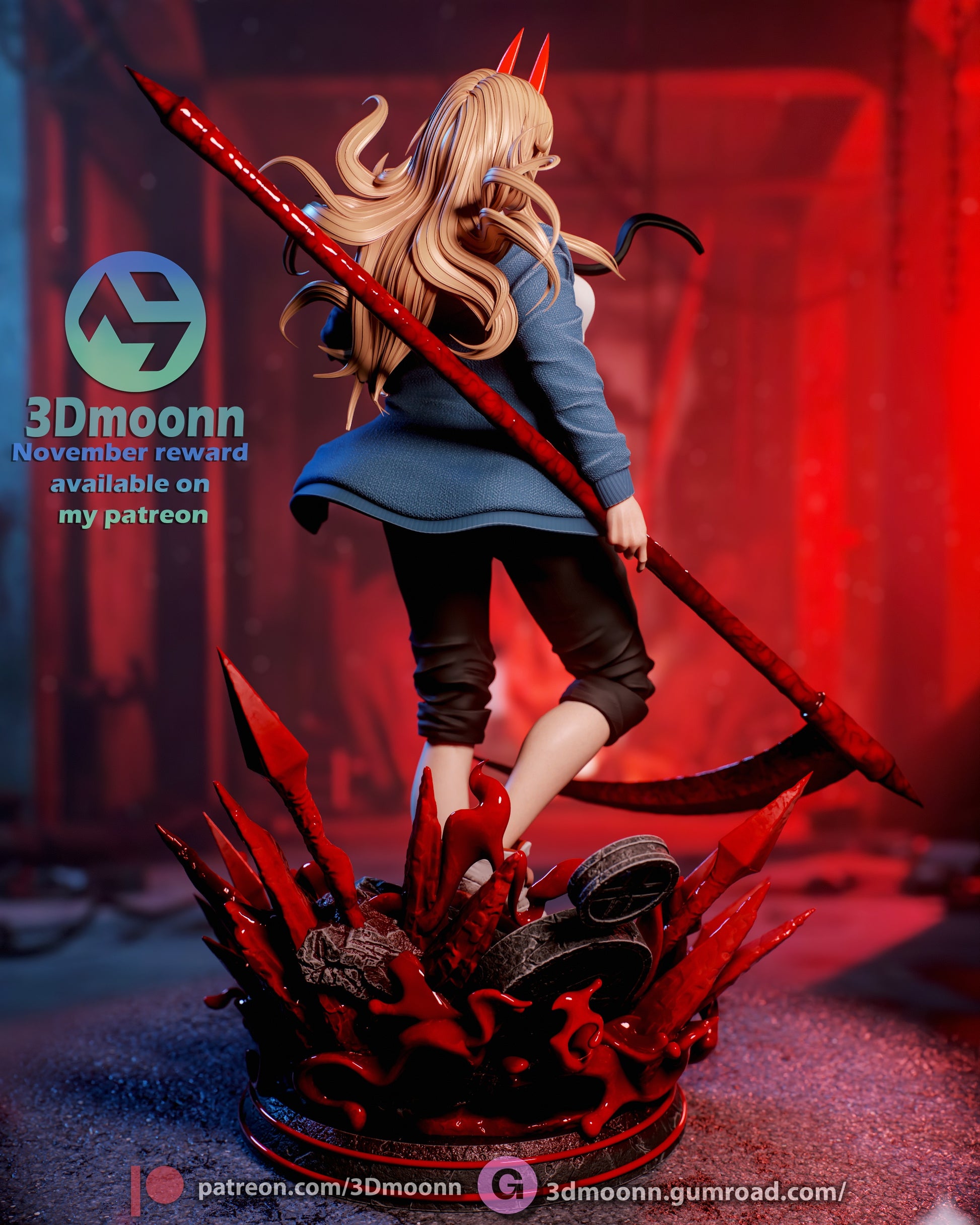 power chainsaw man 1:6 scale figure painted back view long flowing hair blood weapon dynamic base anime collectible statue dm minis
