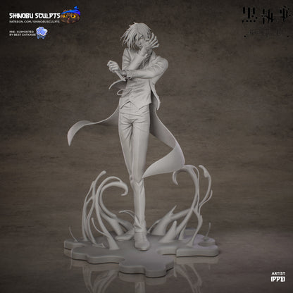 Full resin render of Sebastian Michaelis 1:8 scale collectible standing on demonic tendril base with coat sweeping behind.