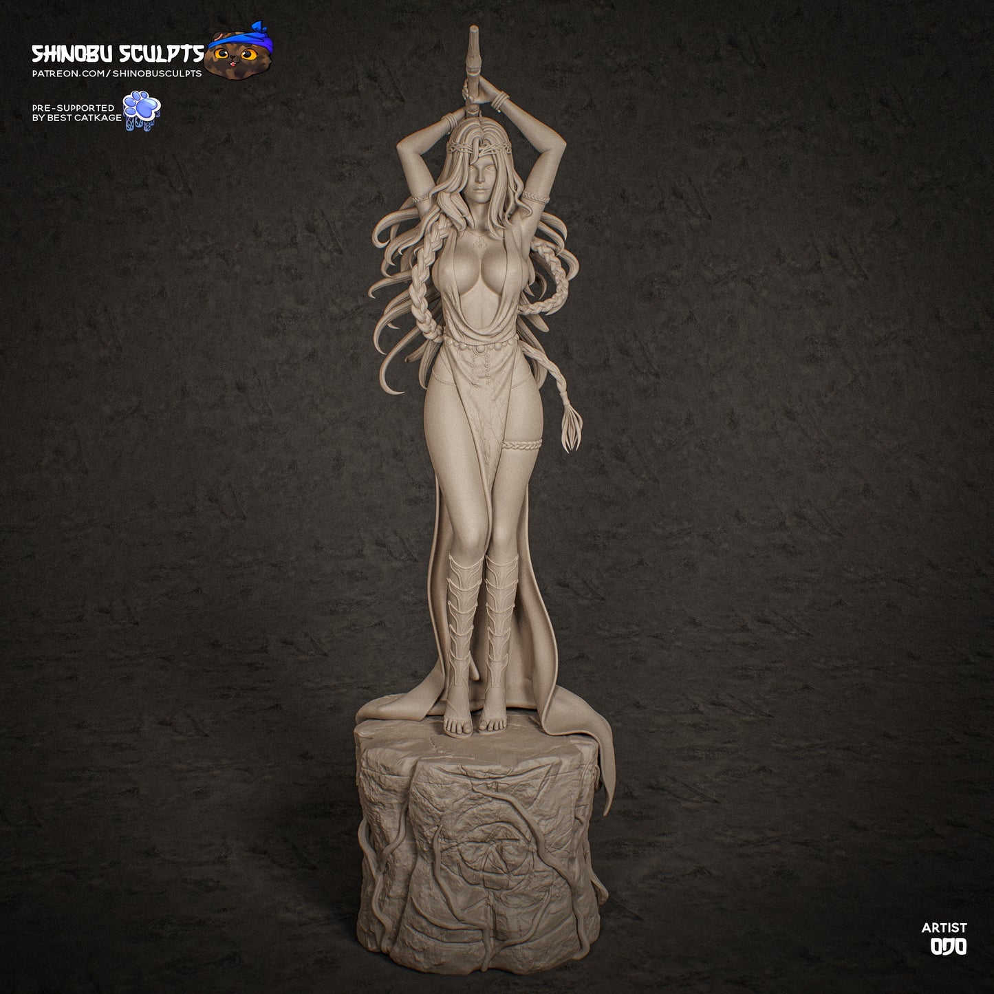 Alt tag: Marika Elden Ring 1:8 scale statue front angle showing raised weapon pose, flowing hair sculpt, draped clothing, and tree-root stone pedestal.