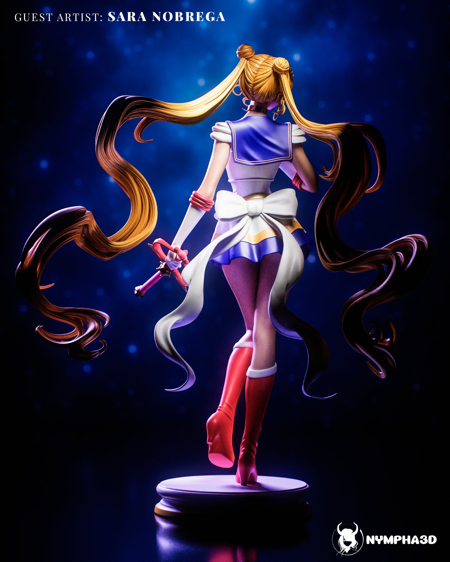 Sailor Moon – Rear View Render: Back view showing her long twin tails flowing outward and detailed ribbon bow.