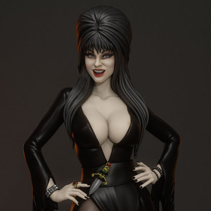 Elvira Mistress of the Dark 1:4 scale figurine close-up view with vampy grin and plunging neckline