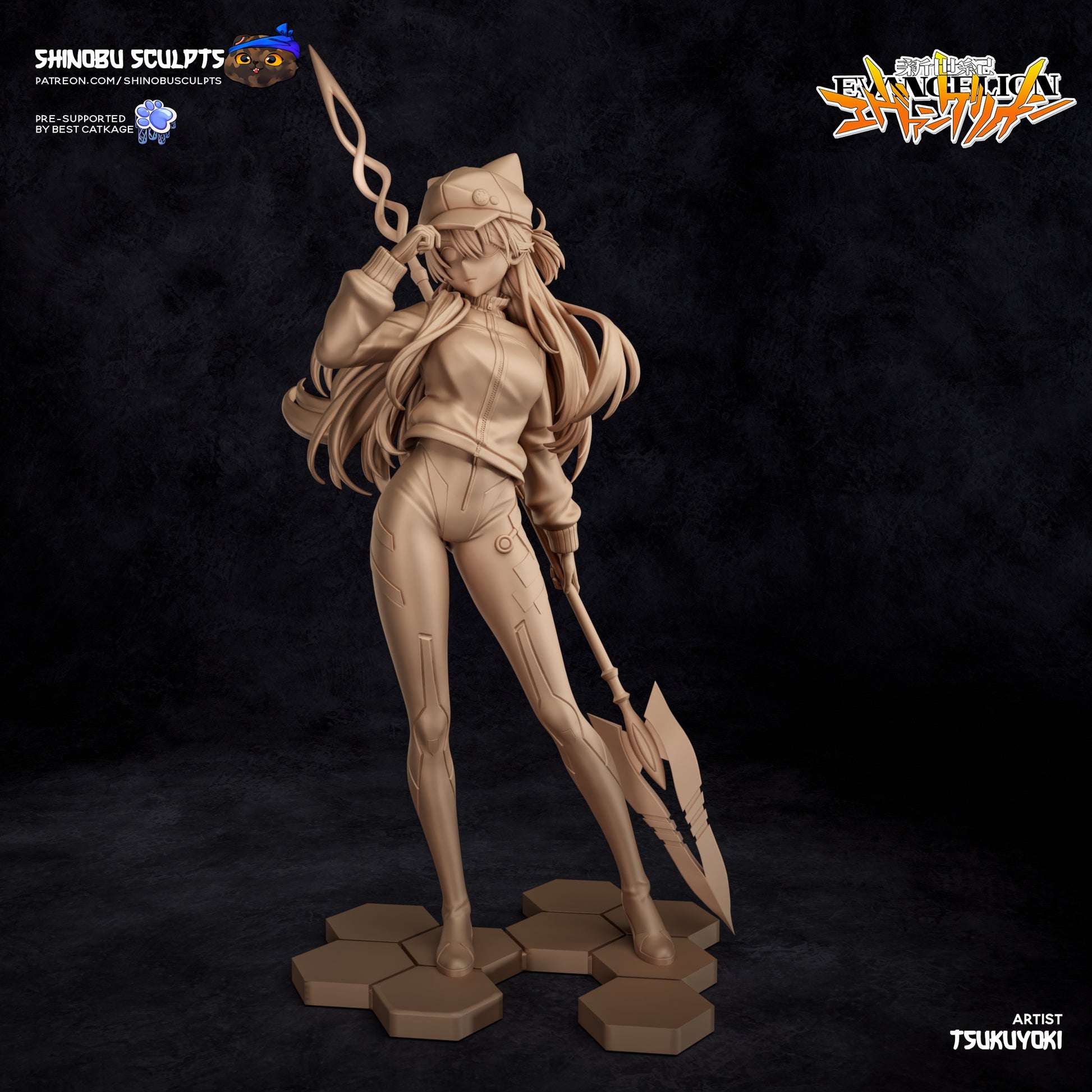 Front view of unpainted Asuka Langley figure posed confidently with one hand adjusting her hat and the other holding her spear.