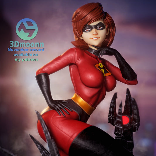 Front close-up view of Elastigirl 1:6 scale collectible figure in red and black superhero suit, hand posed under chin, standing on mechanical base with robotic arms.