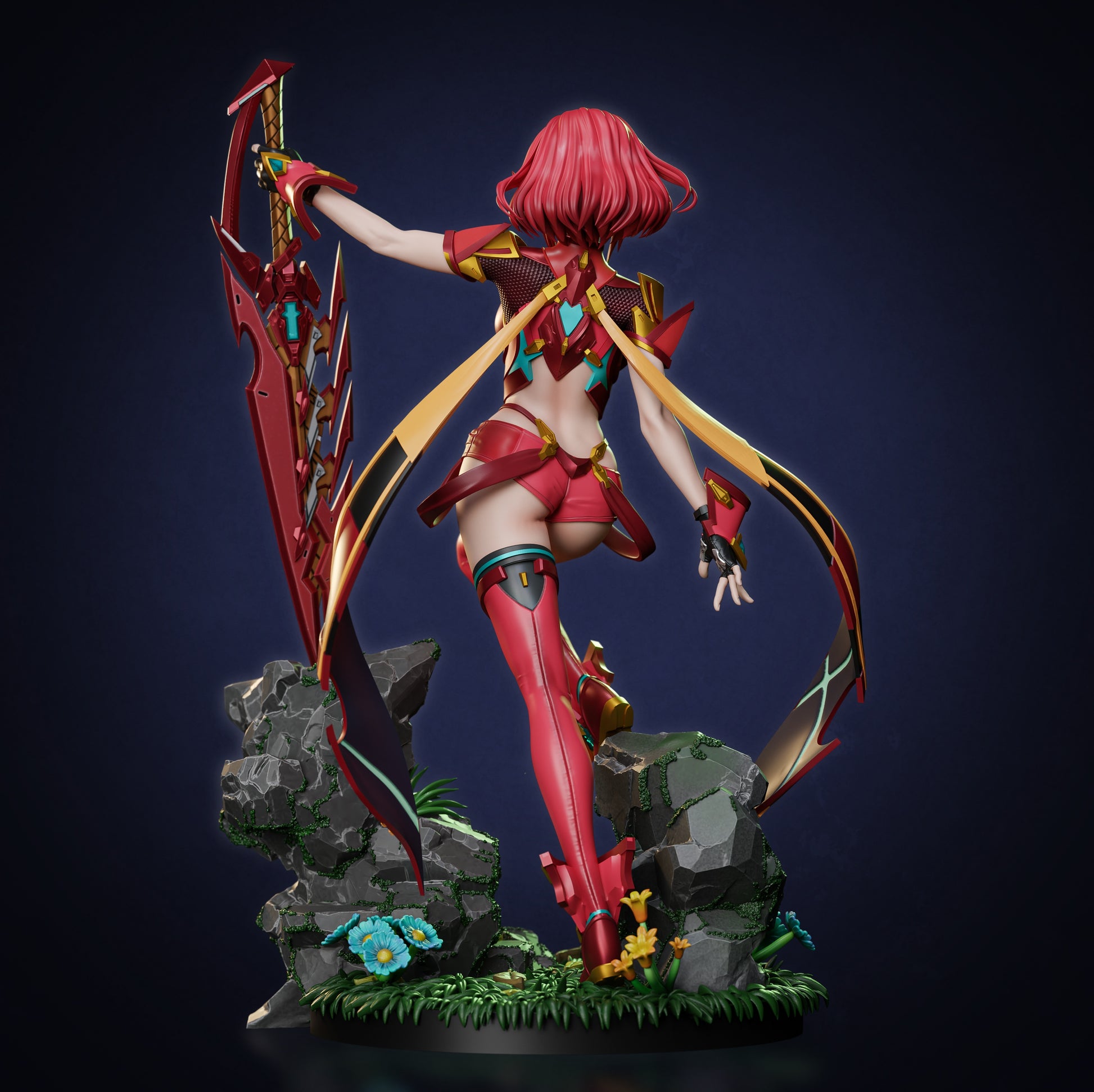 Pyra Xenoblade Chronicles 1:7 scale collectible statue rear view – detailed red armor, sword, and scenic base by Tenshi Figures