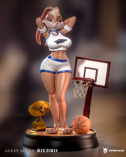 Lola Bunny SFW collectible figure front display showing jersey top, shorts, basketball hoop, trophy, and base.