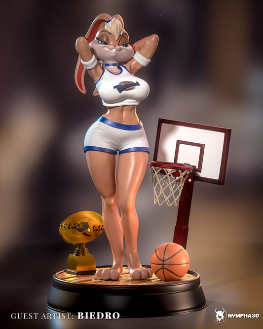 Lola Bunny SFW collectible figure front display showing jersey top, shorts, basketball hoop, trophy, and base.