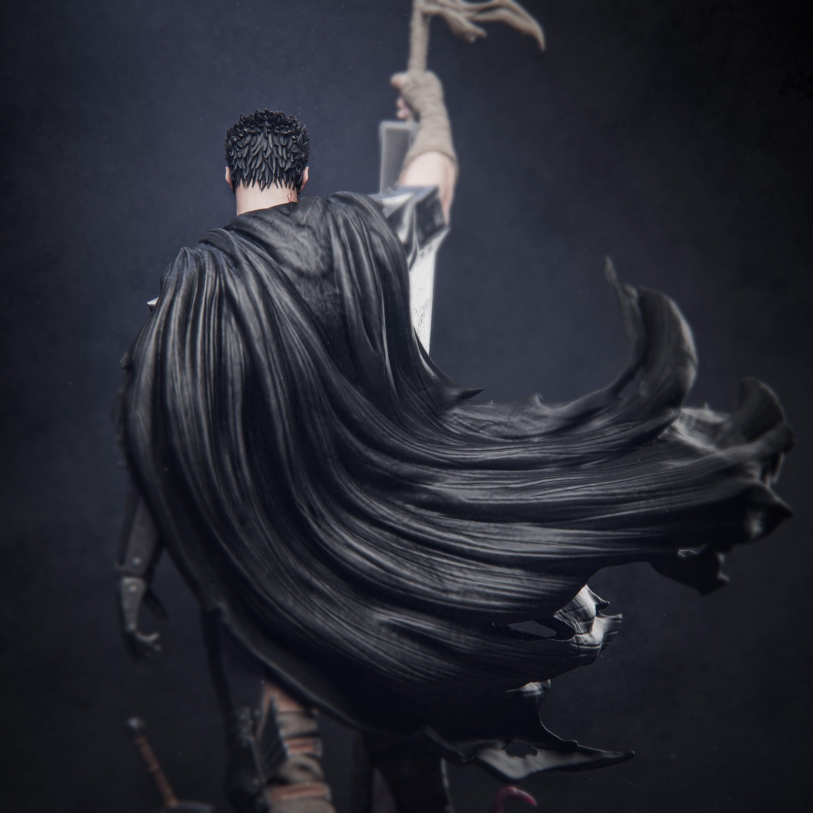 Back view of Guts from Berserk anime, with flowing cape and large sword.