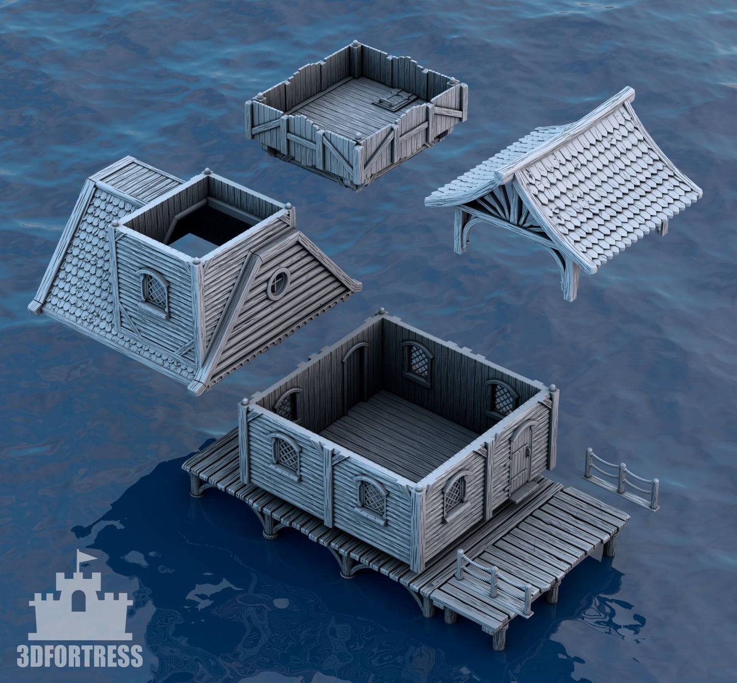 Modular components of the Medieval Village on the Coast House 3, including different levels, walls, and rooftops laid out over a water surface.