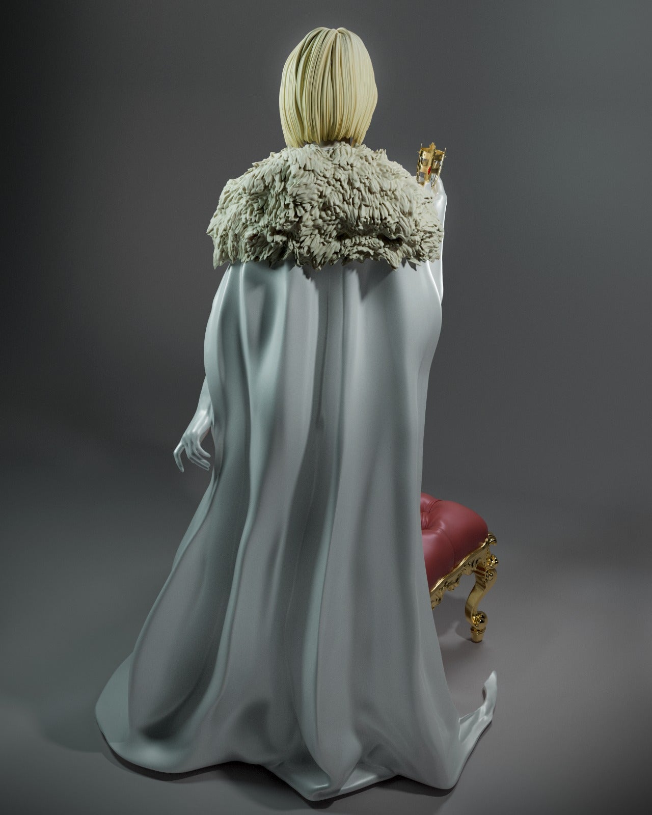Rear view of Emma Frost statue showing her flowing white cape and fur-lined shoulders from behind.