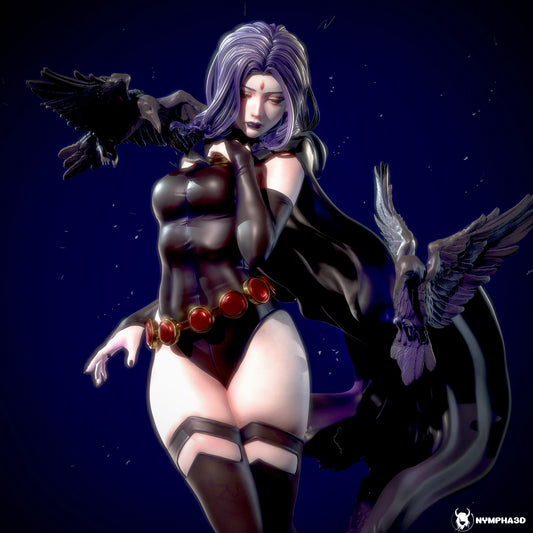 Raven – Close-Up Portrait: Detailed render of Raven’s upper body showing facial expression, gemstone belt, and cloak details.