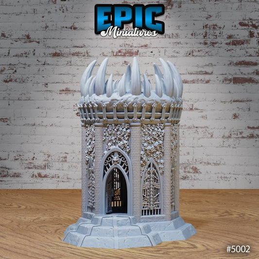 Sacrifice Tower with gothic design, spiked battlements, and skull-adorned walls. Ideal for dark fantasy settings in TTRPG.