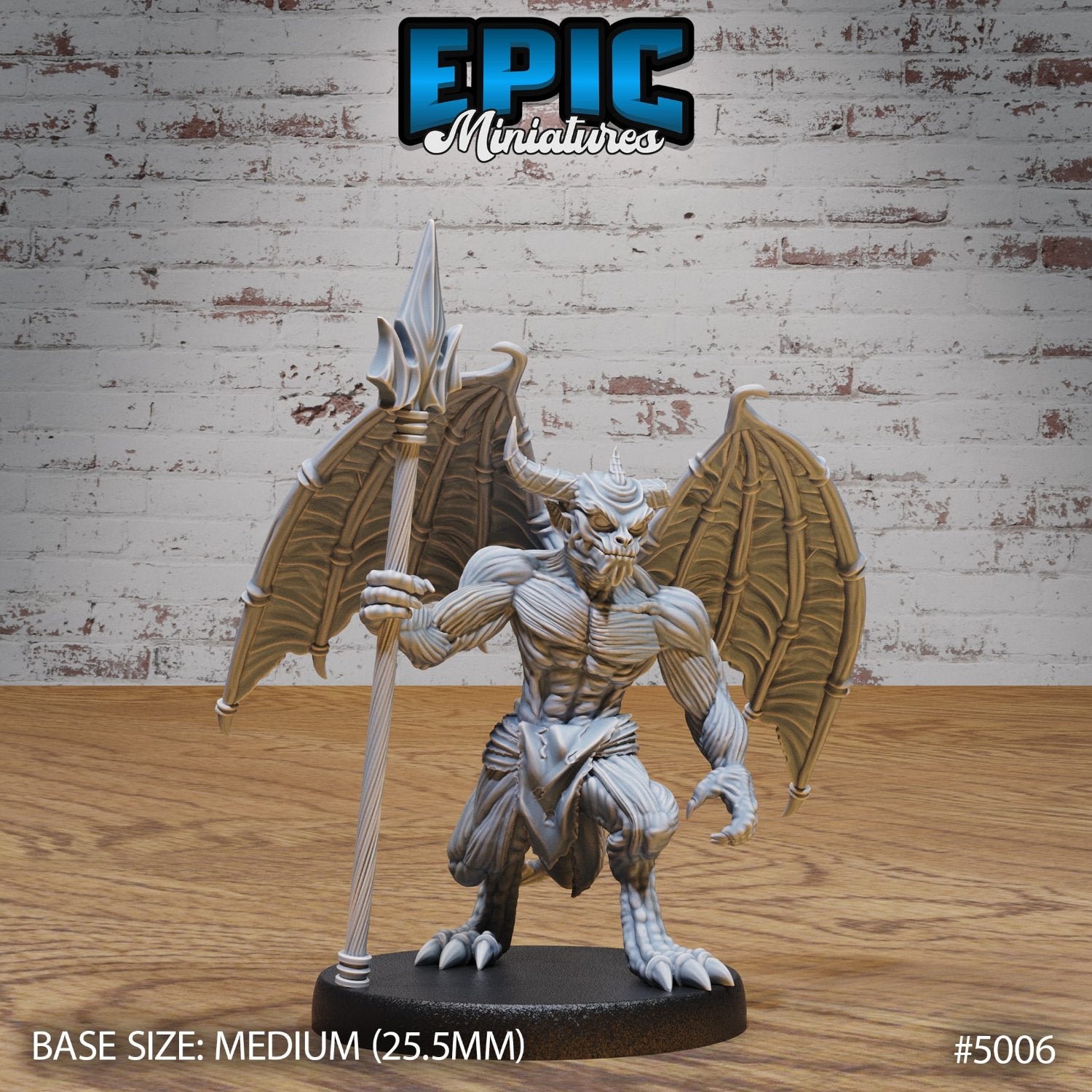 A winged Devil Minion figurine standing proudly, armed with a spear and intense gaze, crafted for TTRPG adventures.