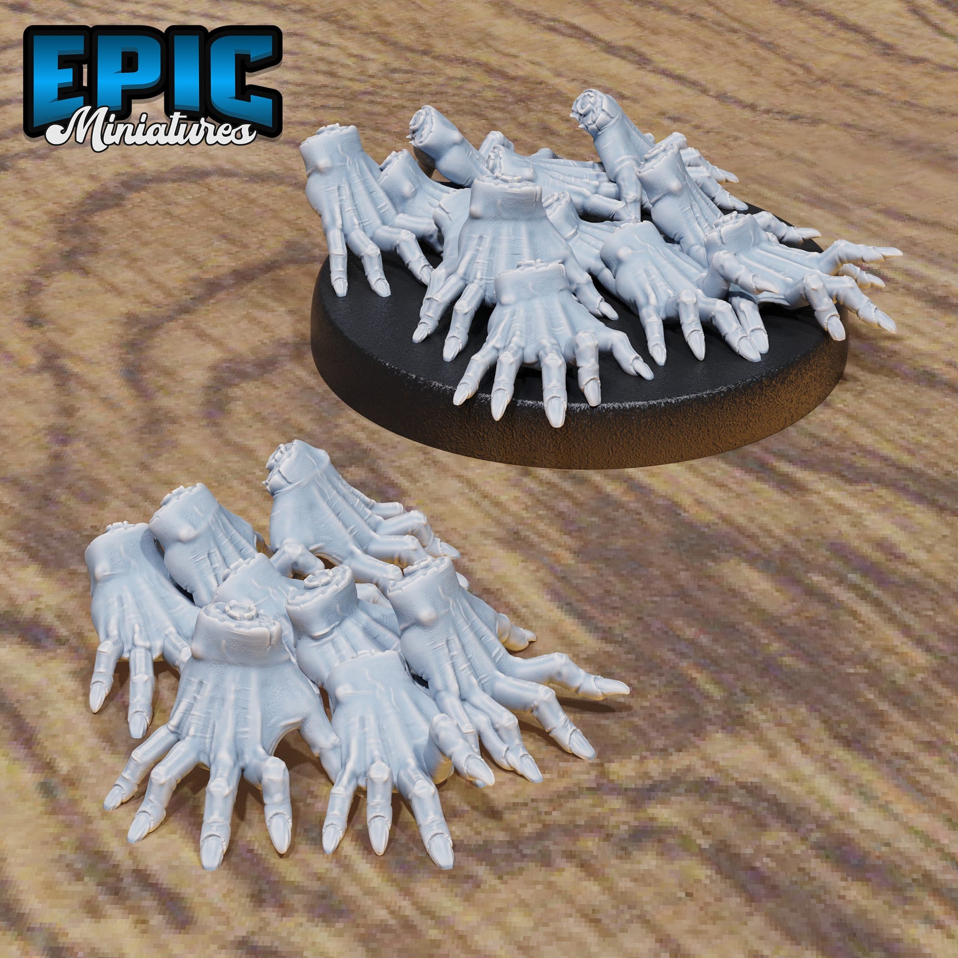 Collage of Crawling Hand Swarm models, showcasing both medium and small base variations, with multiple disembodied hands creeping forward.