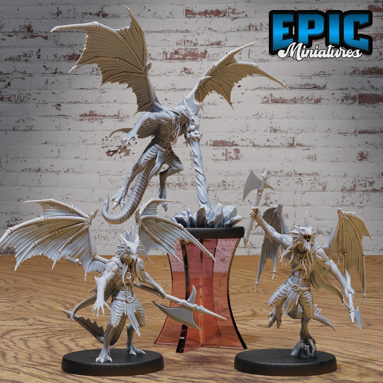 Trio of Draconic Demon Silver figures in varied poses, including standing, fire-breathing, and attacking. Designed for fantasy TTRPG adventures.