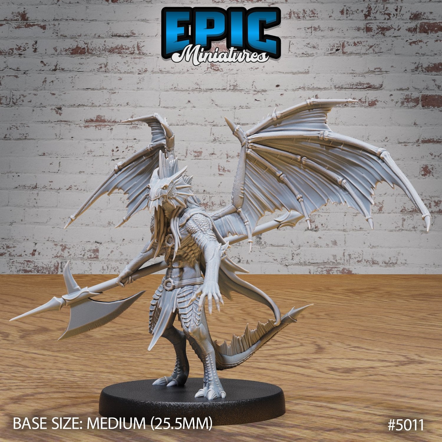 Draconic Demon Silver standing with wings spread, holding a halberd, ready for battle. Ideal for D&D and Pathfinder adventures.