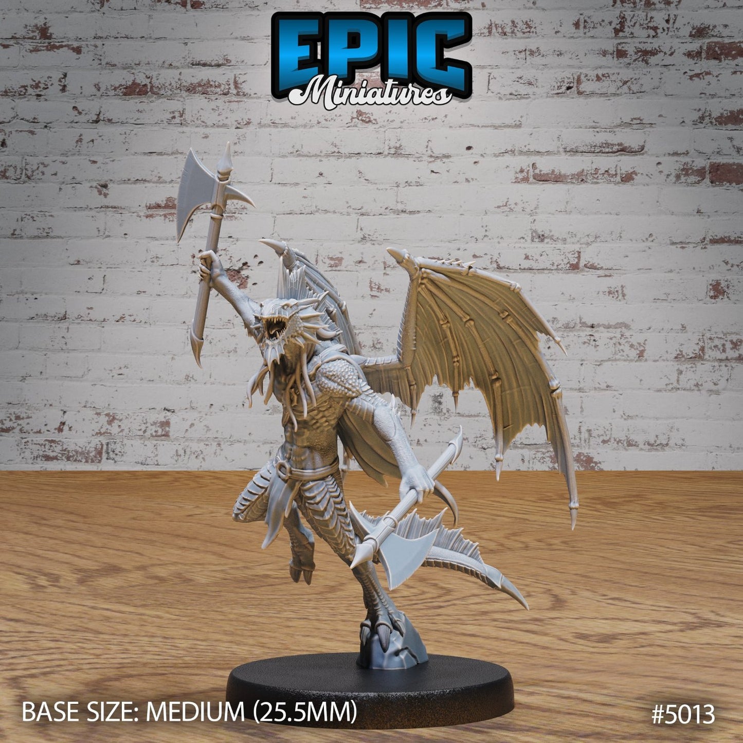 Draconic Demon Silver leaping with axe raised, wings spread in an attacking stance. Great for fantasy TTRPG settings like Pathfinder or D&D.