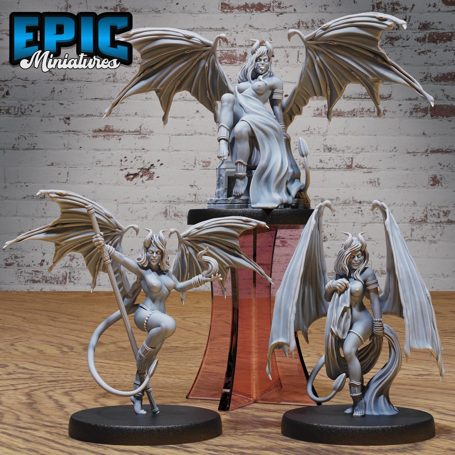 Topless group display of the succubus demon miniatures, featuring each one in a unique pose, showcasing their enchanting and menacing presence.