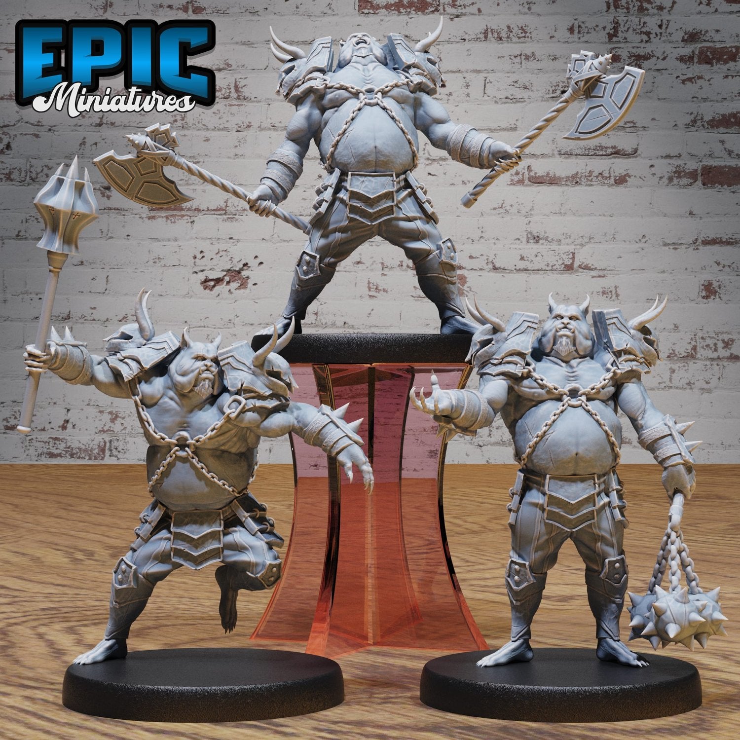 Group shot of Pig Demon Officer trio with various weapons, showcasing the demonic might and dreadful charm only a Nalfeshnee could embody, medium base (25.5mm).