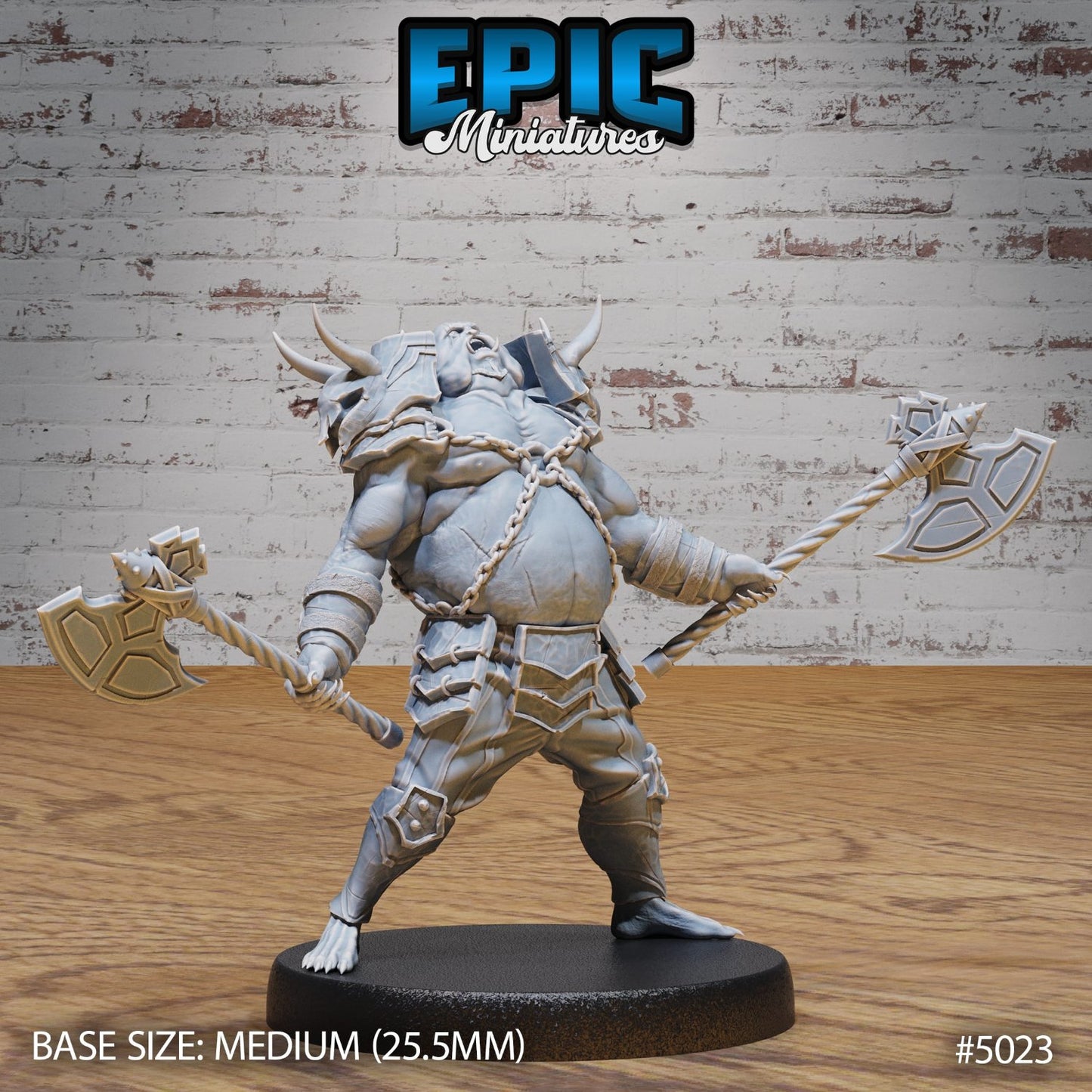 Pig Demon Officer proudly raising his massive axes, belowing a warcry. Exuding the confidence of a demonic drill sergeant with horns and spiked armor, medium base (25.5mm).